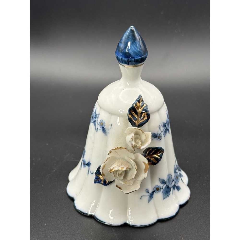 Vintage 1970s LeGo Porcelain Bell 3D Applied Roses Cobalt Blue Gold Gilt GUC